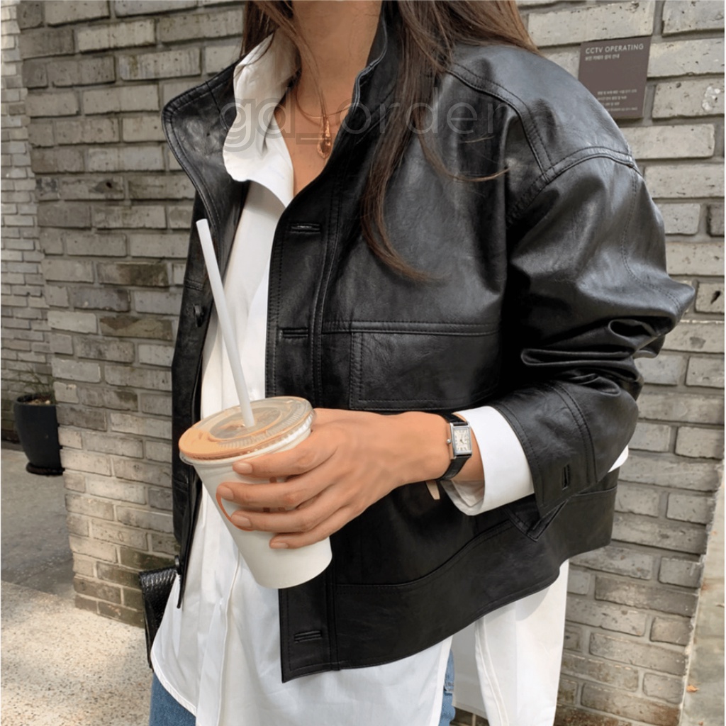 K58|Áo khoác da PU hàn quốc nữ khóa cài croptop dáng ngắn năng động màu đen, be gd_order