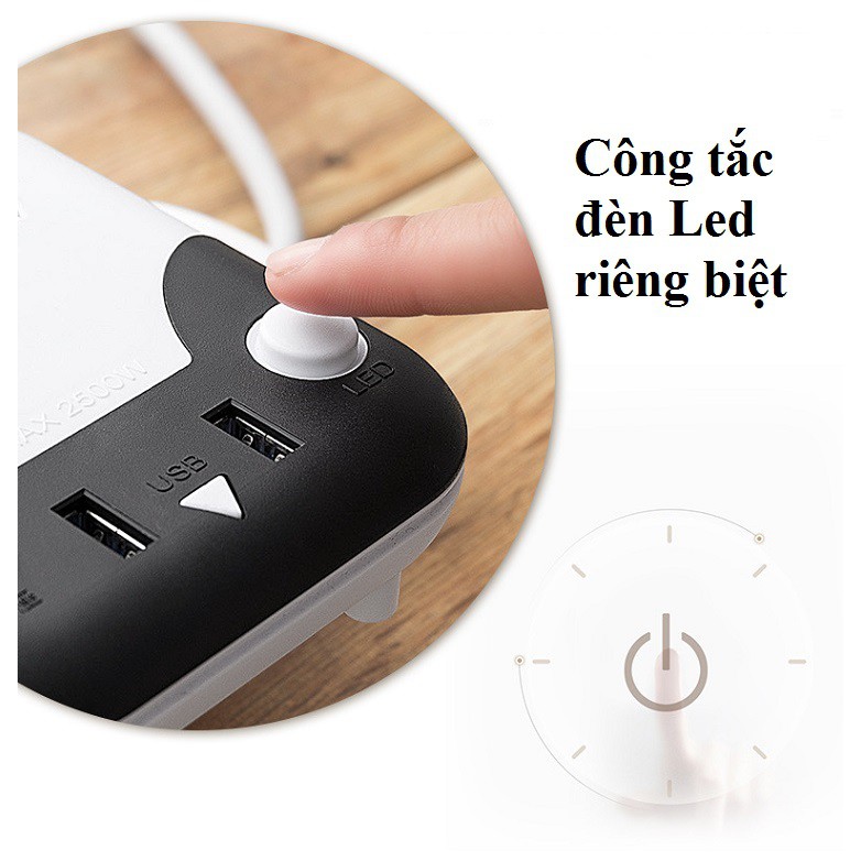 Ổ Cắm Điện Đa Năng Tích Hợp Đèn Led Hình Mèo Cute, Cổng USB Chống Giật Thông Minh