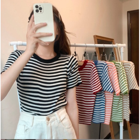 Áo thun nữ cổ tròn ngắn tay họa tiết kẻ sọc 8 màu thời trang 2022