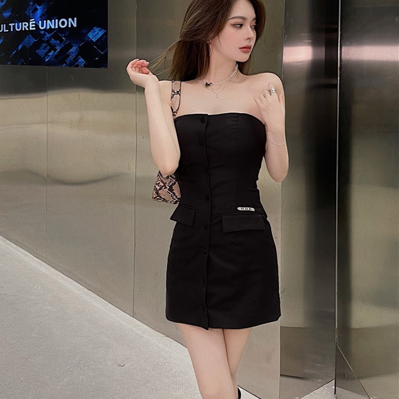 IELGY Đầm Ống Mỏng Không Tay Một Hàng Nút Thời Trang Sành Điệu Cho Nữ