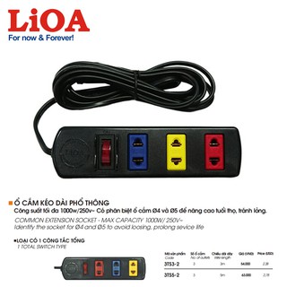 [3ổx3mx1000W] Ổ cắm điện LiOA - Ổ cắm kéo dài phổ thông 3 ổ cắm có công tắc LiOA 3TS3-2