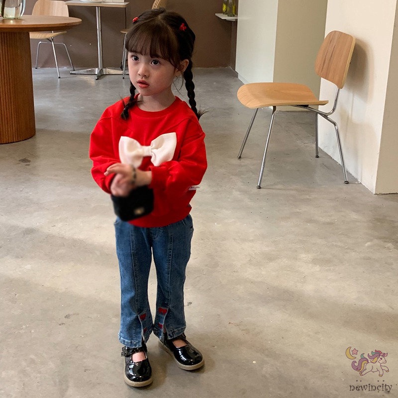 Quần Jean Ống Loe Co Giãn Thêu Họa Tiết Dễ Thương Phong Cách Hàn Quốc Cho Bé Gái