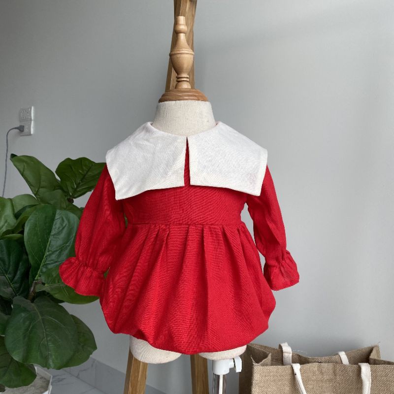 [ Hàng Thiết Kế ] Bodysuit cho bé - Váy đầm đỏ linen cổ thủy thủ- Thời trang tết cho bé gái