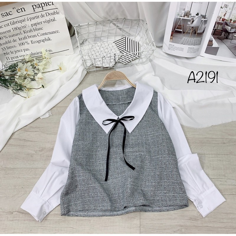 Áo dạ bố cổ sen phối sơmi