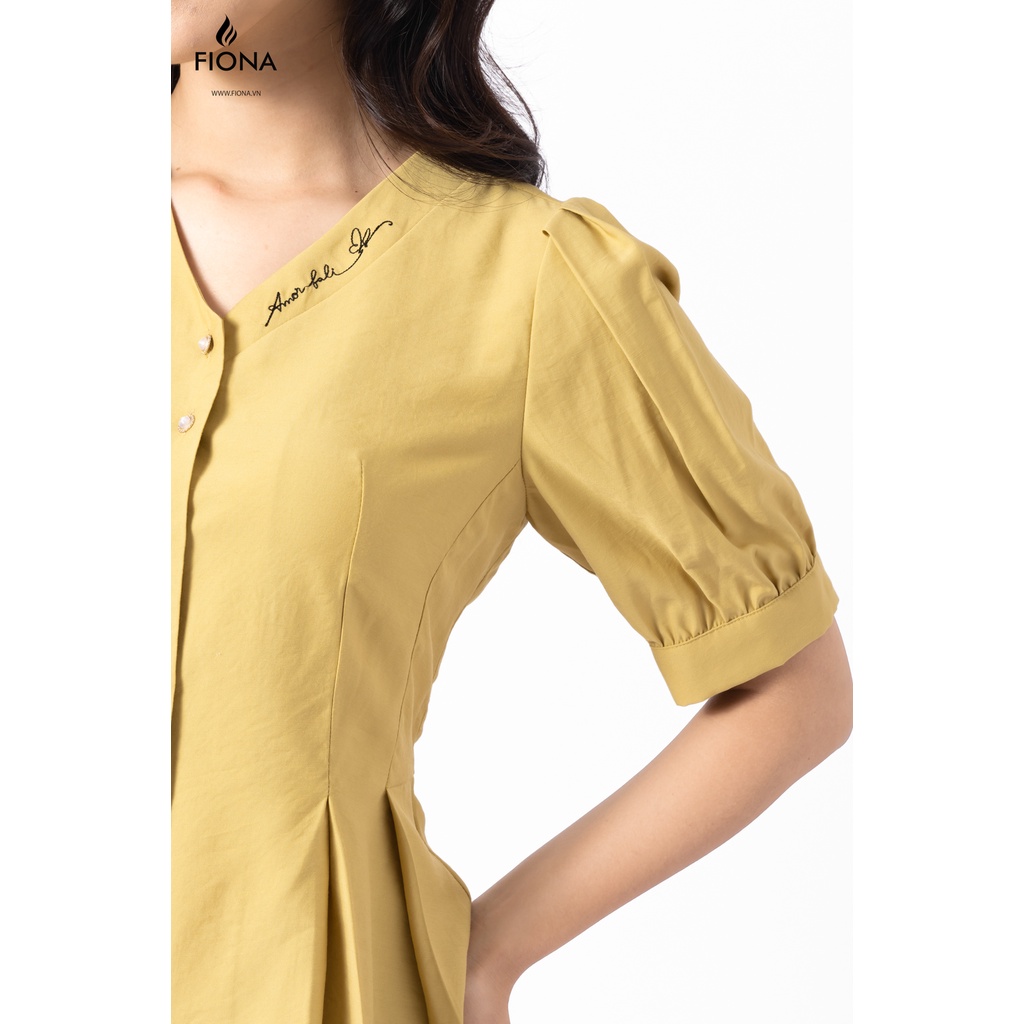 Áo sơ mi nữ cổ V dáng ôm Peplum xếp ly, tay bồng, thêu cổ FIONA F550322