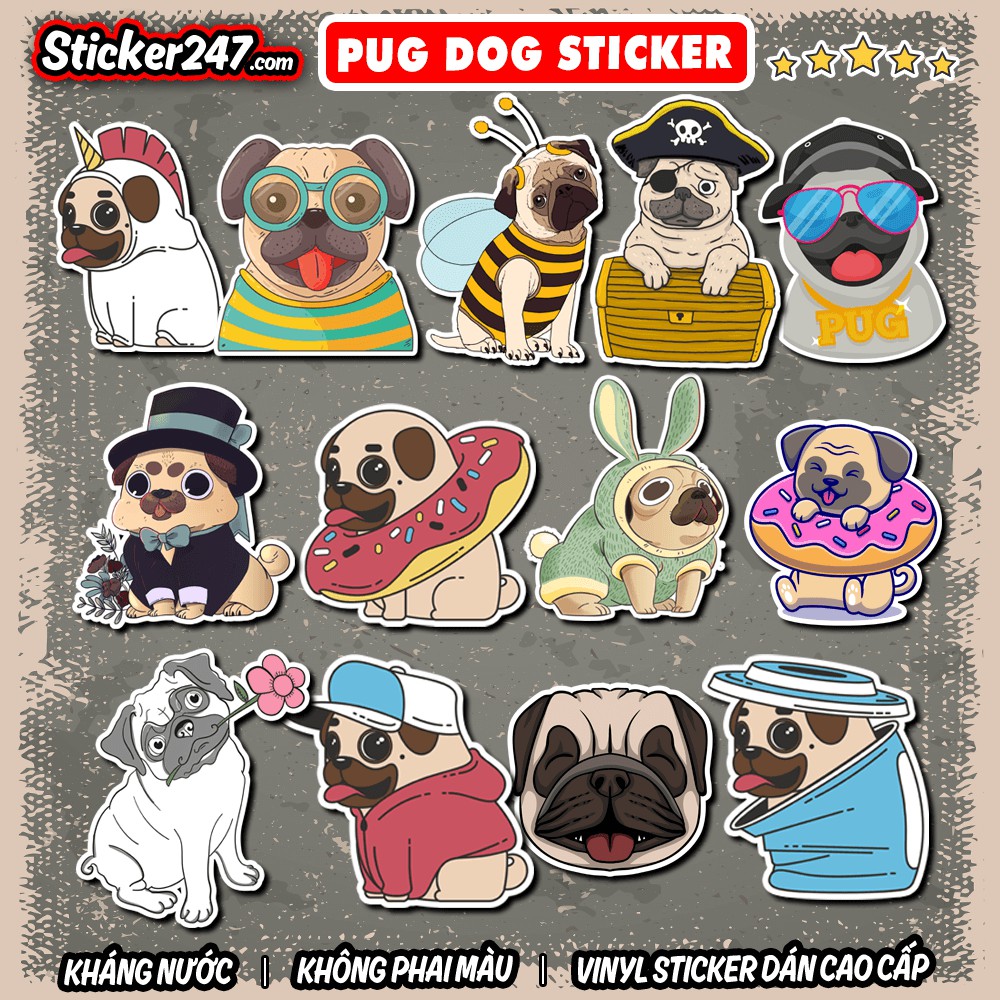 Sticker Chó Pug 𝑭𝒓𝒆𝒆𝒔𝒉𝒊𝒑 chống nước, sticker dán laptop, điện thoại, đàn guitar, mũ bảo hiểm, vali, ipad