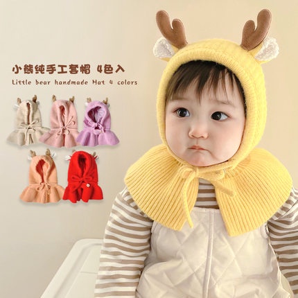 Mũ dệt kim dày màu trơn kèm khăn choàng cổ giữ ấm chống gió cho bé gái