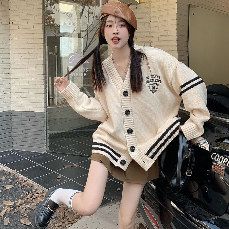 Áo Khoác Cardigan Dệt Kim Tay Dài Dáng Rộng Cổ Chữ V Phong Cách Hàn Quốc Dễ Phối Đồ