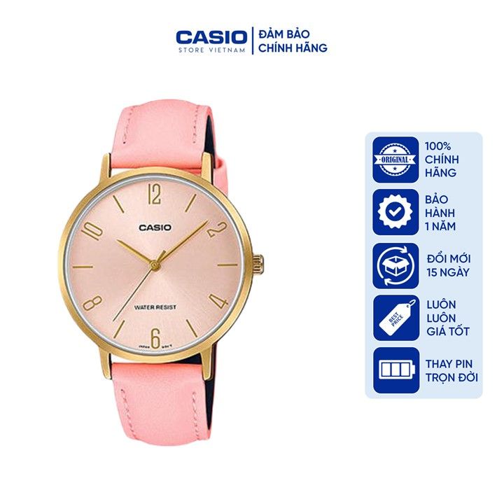 Đồng hồ Nữ Casio LTP-VT01GL-4B, đồng hồ chính hãng, dây da hồng mặt hồng số, viền vàng