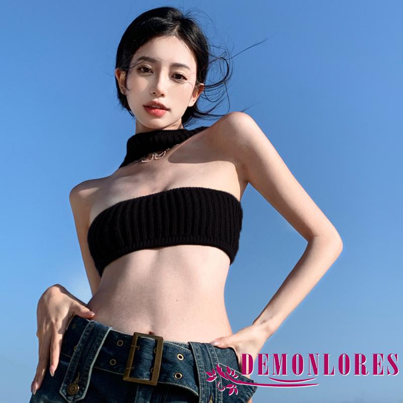 Áo Croptop Dệt Kim Cổ Yếm Hở Lưng Màu Sắc Trơn Thời Trang Mùa Hè Dành Cho Nữ