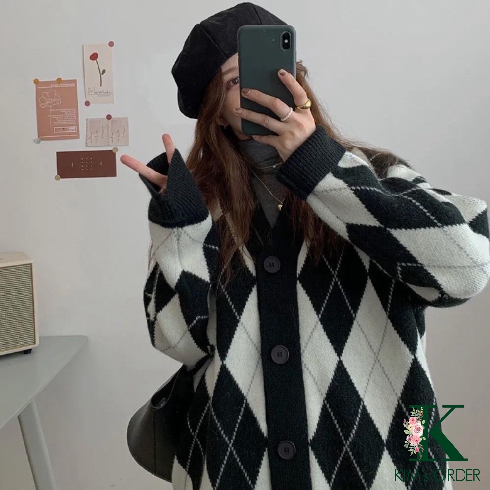 Áo cardigan nữ khoác ngoài màu hồng đen chất len hoạ tiết hình quả trám to phom rộng loại 1 phong cách tiểu thư Hàn Quốc