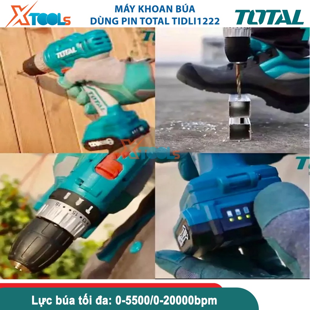 Máy khoan búa 12v Total TIDLI1222, lực mô men quay tối đa 25nm, lực búa tối đa 0-5500/0-20000bpm [CHÍNH HÃNG][XTOOLS]