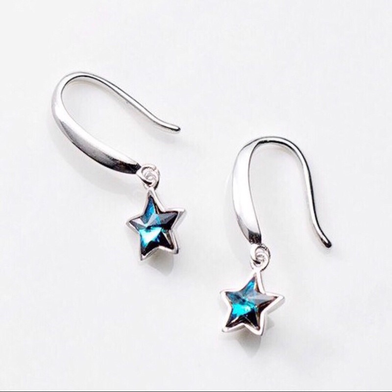 Khuyên tai bạc 925 sao xanh lung linh dạng móc Dế Bạc - K5346