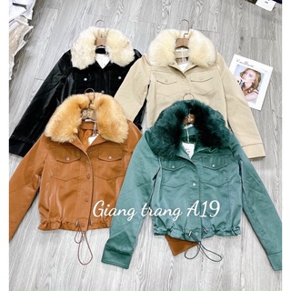 Áo da nhung cổ lông lót lông rút dây