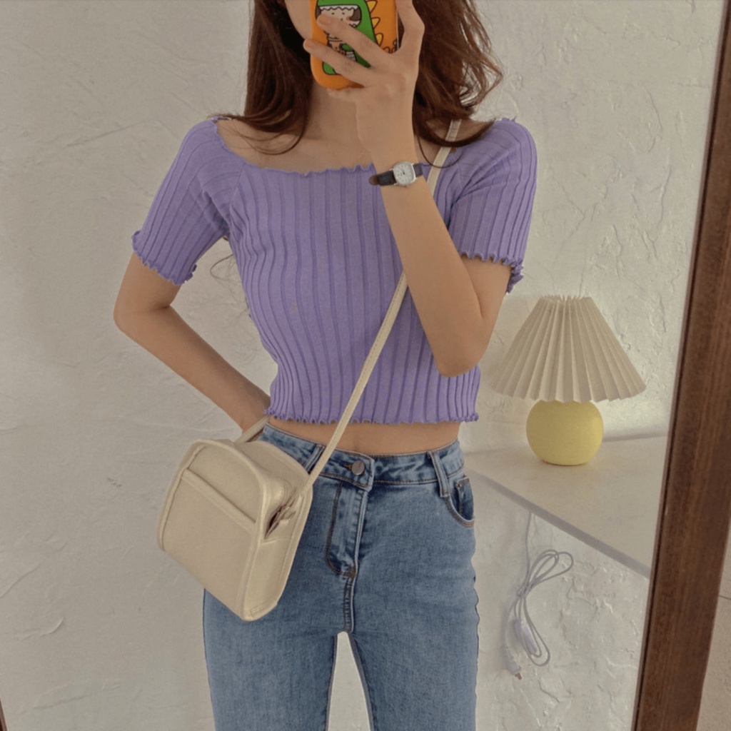 Áo croptop nữ Chelgy Freesize thiết kế tay ngắn trễ vai chất vải thun len mỏng co giãn phong cách Ulzzang CG-CRT01