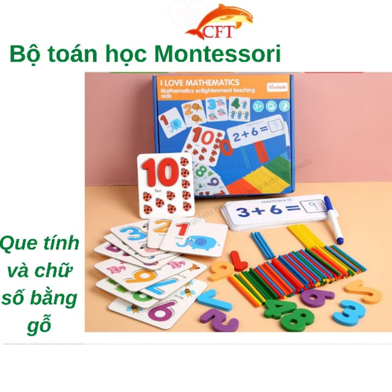 Bộ giáo cụ que tính học toán và thẻ ghép số học phép tính tư duy, giáo cụ Montessori cho bé chơi mà học