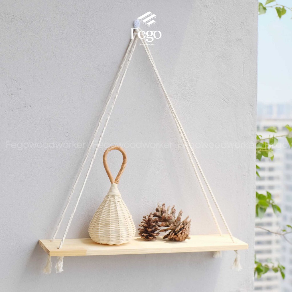 Kệ gỗ treo tường dây thừng FEGO/ decor trang trí nhà cửa