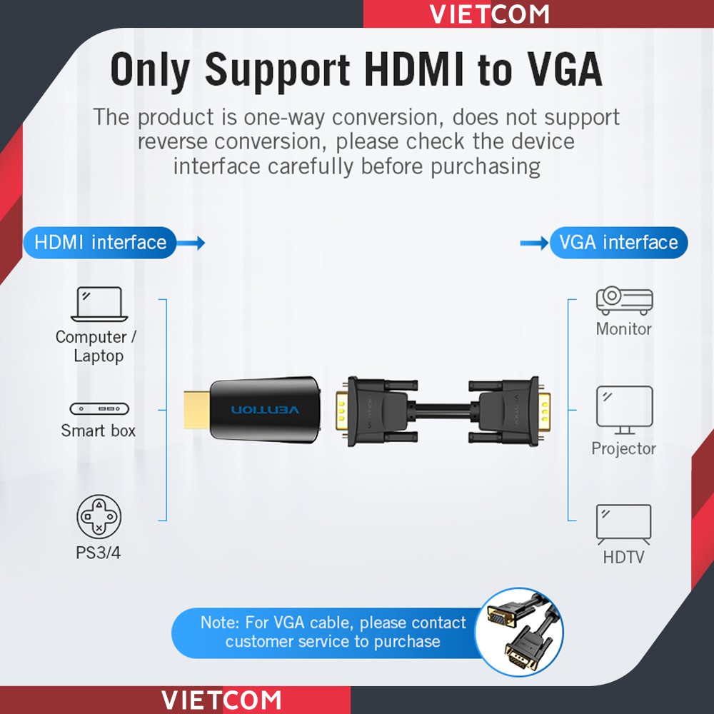 Đầu Chuyển Đổi HDMI To VGA - HDMI Sang VGA - Hỗ trợ Video 1080P/60Hz + 3.5mm Audio - Thương Hiệu Vention