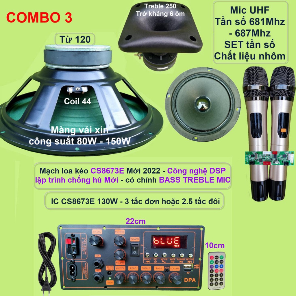 Mạch loa kéo 3 tấc đơn CS8673E 130W DSP lập trình chống hú có chỉnh Bass Treble Micro, nguồn xung 220V