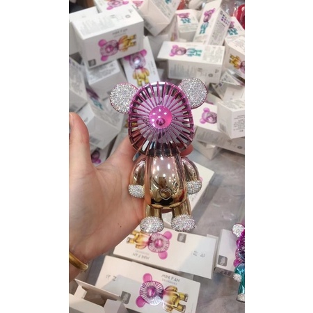 Gấu Đính Đá BearBrick + Quạt Điện Cầm Tay USB Cao Cấp Đặt Taplo Ô Tô, Đi Du Lịch, Bàn Làm Việc Siêu Mát