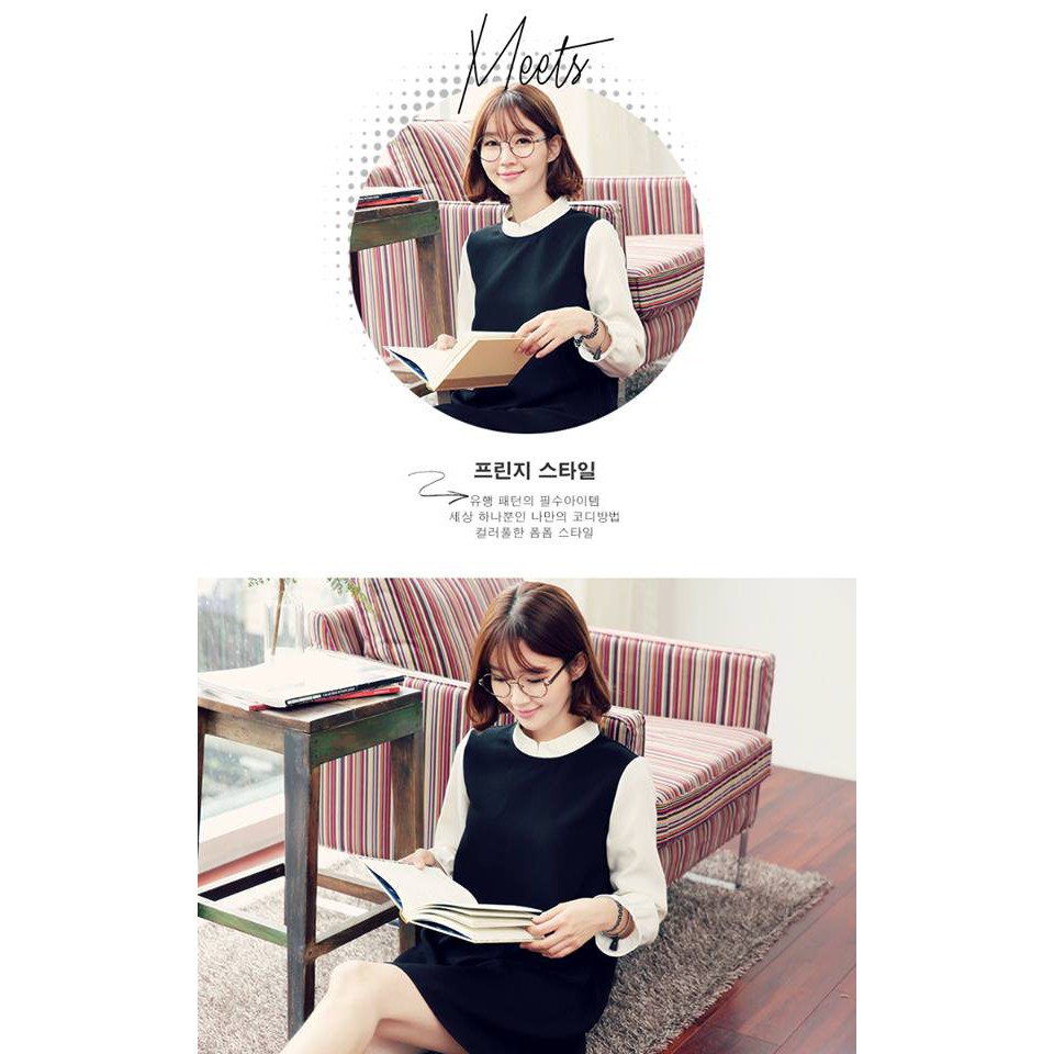 Váy đen tay dài trắng cổ tàu