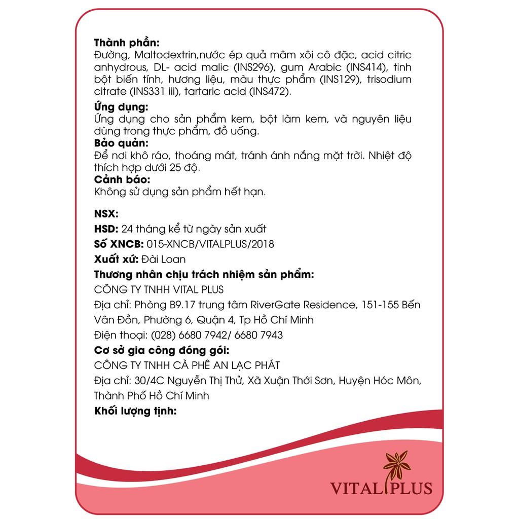 Bột trái cây - Bột Mâm Xôi - Raspberry Juice Powder - Vital Plus - Shop Nhà Anise