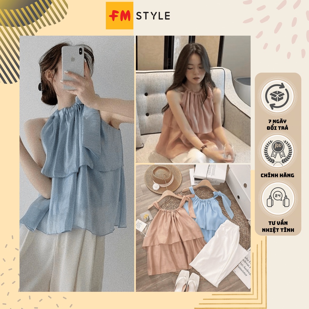 Áo kiểu nữ cổ yếm chất tơ thắt nơ fmstyle, áo voan xếp tầng sát nách phong cách tiểu thư | Fmstyle Shop 204240076