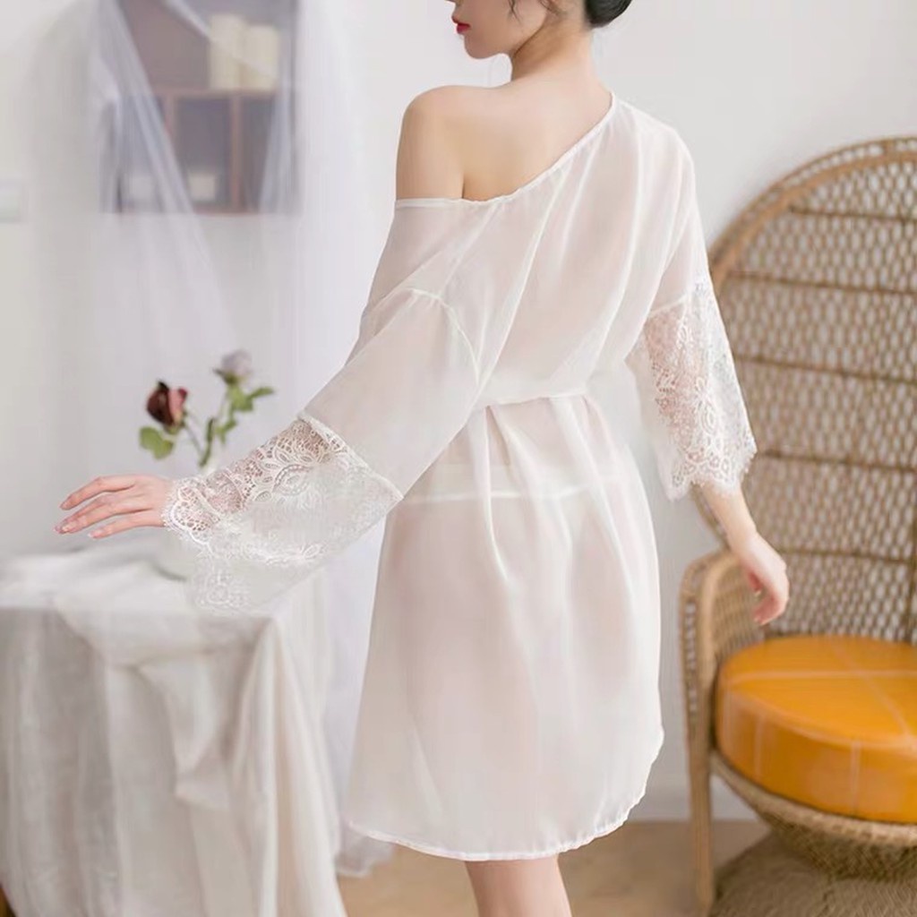 Áo choàng ngủ sexy - kimono xuyên thấu 5224 Màu Trắng tinh khôi tay dài ren hoa quyến rũ gợi cảm