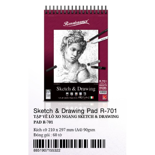 Tập 60 tờ giấy vẽ A4 gáy lò xo, vẽ chì phác thảo Sketch & Drawing Pad R-701 90gsm