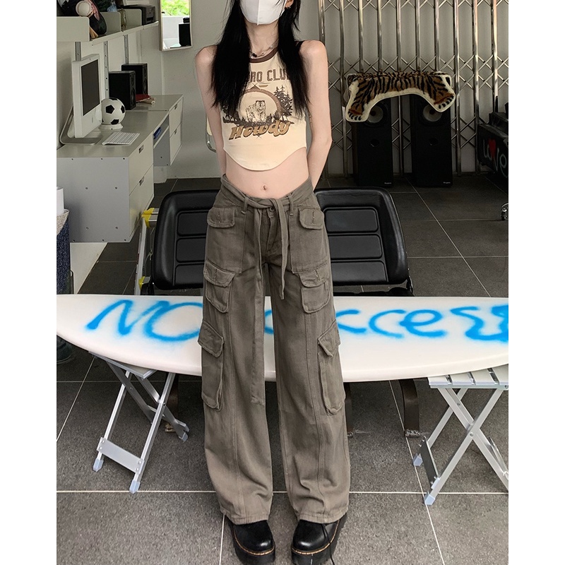 Quần Dài Lưng Cao Dáng Rộng Chất Liệu cotton Phối Nhiều Túi Thời Trang Hàn Quốc 2022 Cá Tính Cho Nữ