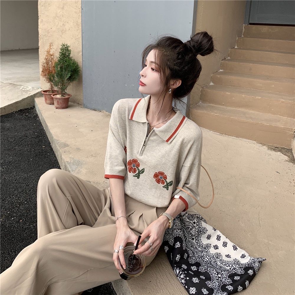 Áo thun polo PURE CUBE tay ngắn cổ đứng bẻ in họa tiết kẻ sọc và hoa phong cách Hàn Quốc retro đơn giản