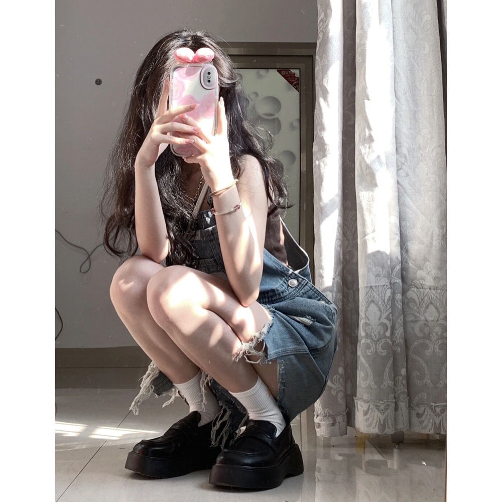 Quần Yếm Denim Ngắn Rách Phong Cách Mới Cho Nữ