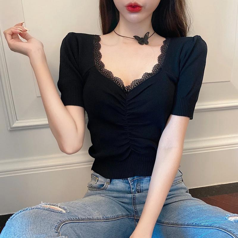 Áo Dệt Kim Màu Trơn Tay Phồng Cổ Viền Ren Phong Cách Hàn Quốc Nữ Tính | BigBuy360 - bigbuy360.vn