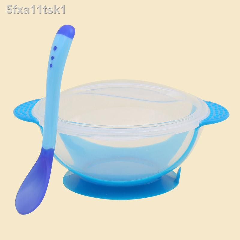 ❏Bát ăn bổ sung, thìa cảm biến nhiệt độ cho trẻ, đổi màu, mềm silicone, cốc hút, bát, bộ đồ trẻ em, chống rơi và bỏng sơ