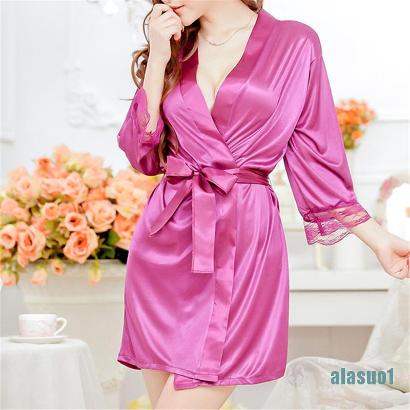 Áo choàng ngủ bằng lụa satin phối ren gợi cảm cho nữ