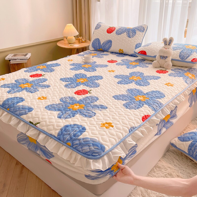 Ga gối nỉ trần phủ bèo ngắn, thảm nỉ bọc đệm trần bông viền bèo mẫu mới tặng kèm 2 vỏ gối