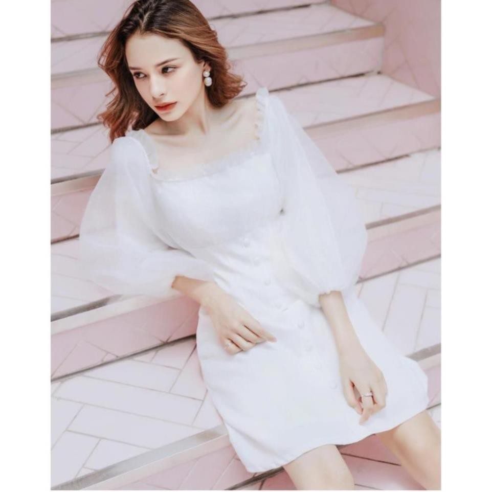 Đầm dự tiệc trễ vai nút bọc phối xốp | BigBuy360 - bigbuy360.vn