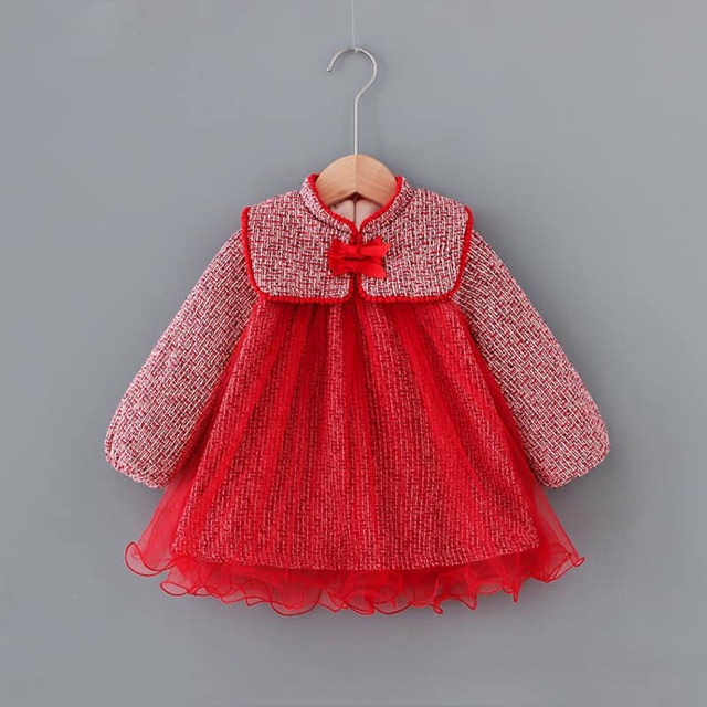 Váy dạ cổ nơ cho bé gái