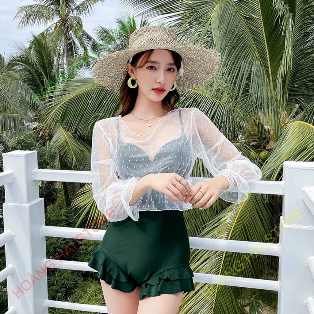 Bộ đồ bơi bikini nữ hai mảnh tay dài che nắng giấu bụng đi tắm biển hot trend