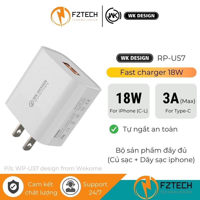 Bộ sạc nhanh IPWekome WP-U57 FZTECH Gồm Củ sạc nhanh IPvà Cáp USB to Sạc đầy 50% pin chỉ 30 phút
