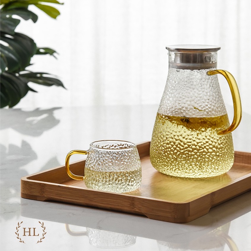 Bình thuỷ tinh chịu nhiệt sần quai vàng | Bộ bình cốc thủy tinh sần Borosilicate chịu nhiệt, chịu lực cao cấp