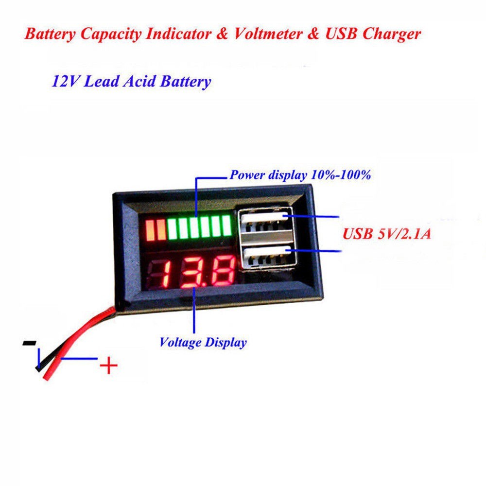Đồng Hồ Đo Dung Lượng Pin 12v Hai Cổng Usb 5v / 2a Có Đèn Led Nhiều Màu