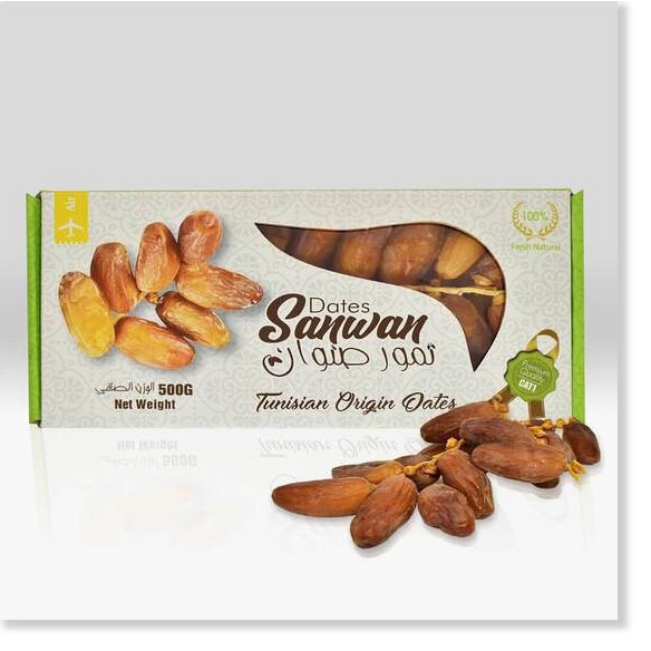 Thùng 10 hộp Chà Là Nguyên Cành Sấy Dẻo Dates Sanwan Tunisia 500gr