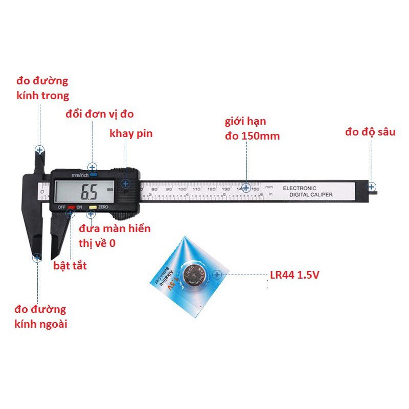 Thước kẹp điện tử 150mm sai số 0.1, thước kẹp loại không có hộp nhựa