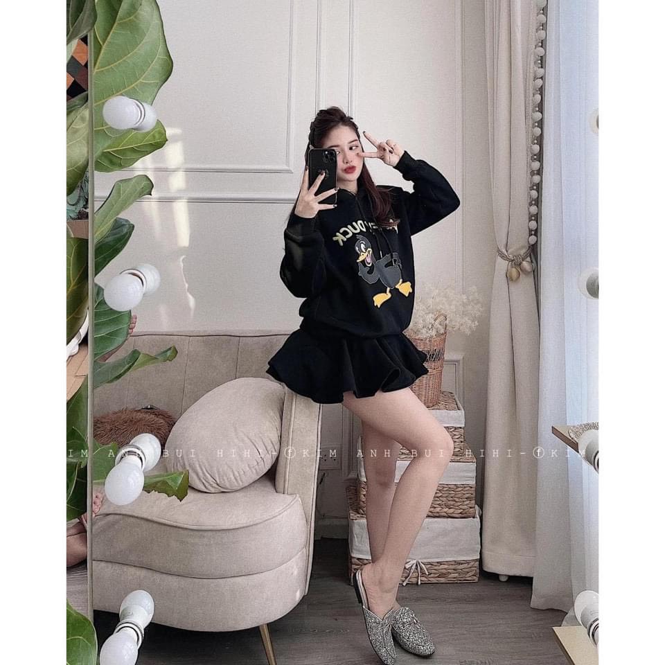 Set áo hoodie phối chân váy chữ A nỉ mịn, áo hoodie in hình kèm mũ freesize - X0105