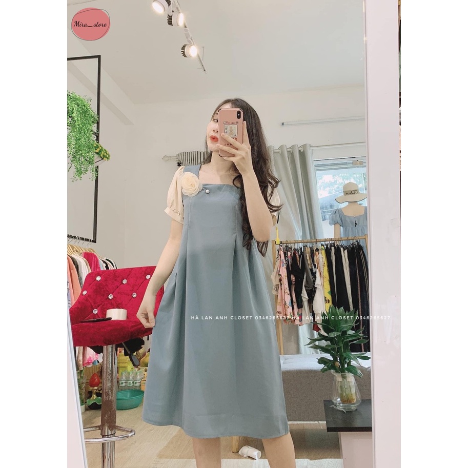 Váy Bầu [FREESHIP] Đầm Bầu Dáng Suông Váy Bầu Hoa Cài Ngực freesize từ 45-75kg