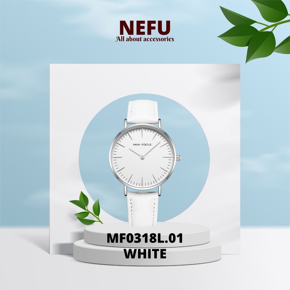 Đồng hồ nữ MINI FOCUS dây da MF0318L.01 viền thép không gỉ chống nước thông minh đường kính 38mm màu trắng Nhật Bản
