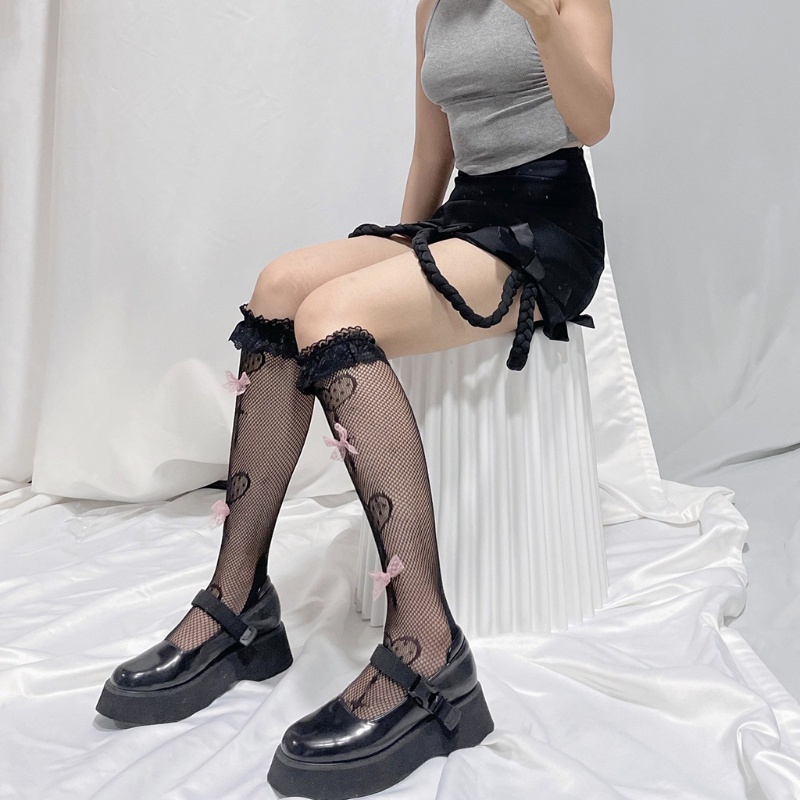 Youyo Vớ Lưới Dài Tới Đầu Gối Phối Ren Rỗng Họa Tiết Kẹo Mút Trái Tim Ngọt Ngào Phong Cách Gothic Punk Dễ Thương Dành
