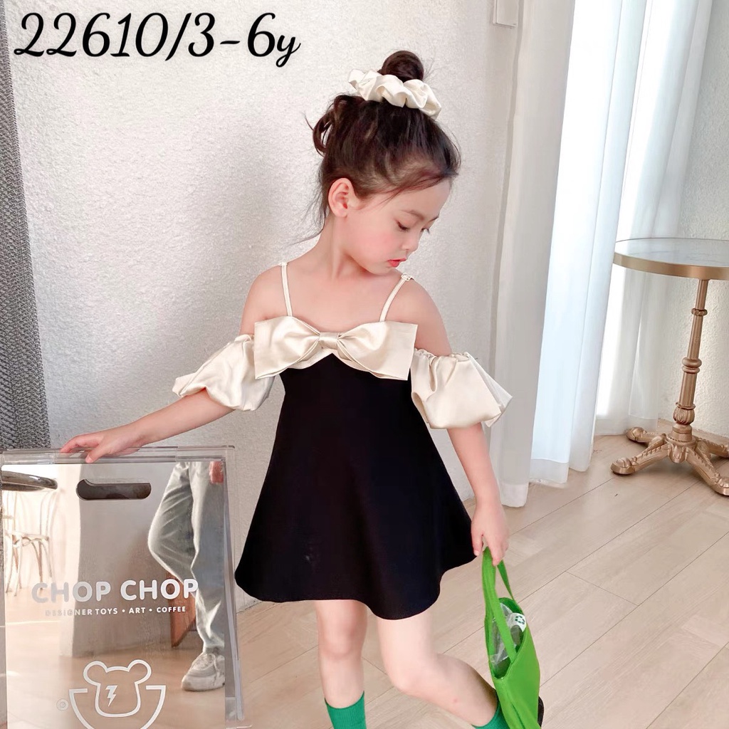 Váy 2 dây bé gái dáng xòe đính nơ ngực trễ vai bé gái từ 10-22kg