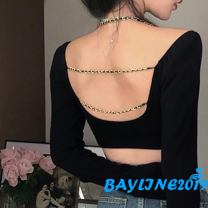 Bay-Women´s Crop Tops Chain Halter Shoulder Cutout Long Sleeve Irregular Hem Slim Fit Short Tops